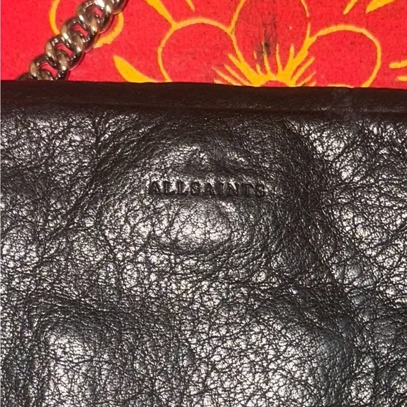 All Saints Black whipstitch cross body purse silver chain - Picture 4 of 13